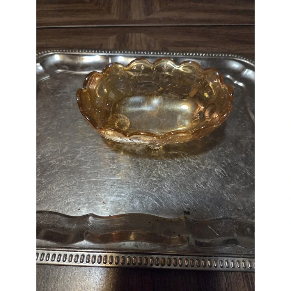 Jeannette Glass Candy Dish Floragold Iridescent Marigold Four Toed Carnival